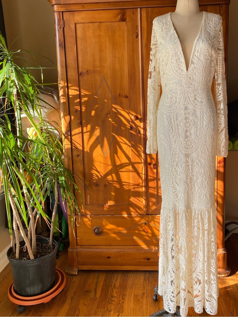 Tularosa Ivory Floral Lace Deep-V Maxi Dress
